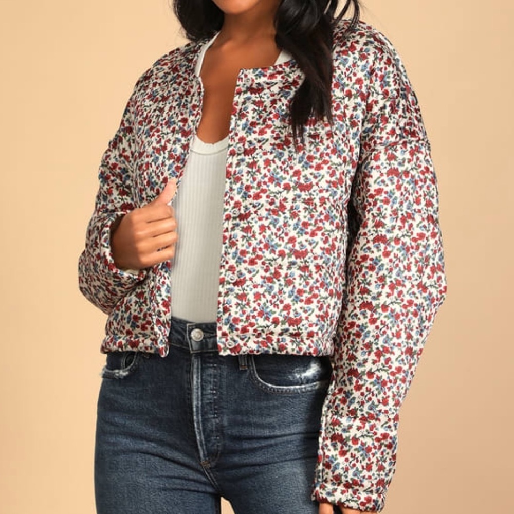 Lulus Eternal Autumn Cream Floral Print Quilted Bomber Jacket